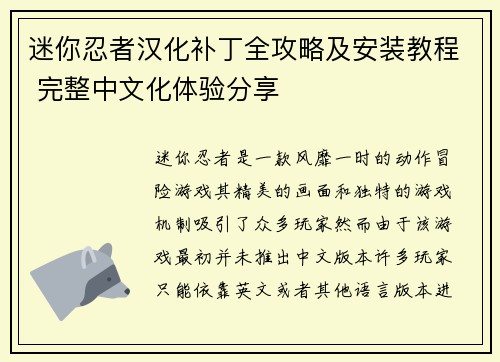 迷你忍者汉化补丁全攻略及安装教程 完整中文化体验分享