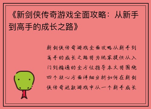 《新剑侠传奇游戏全面攻略：从新手到高手的成长之路》